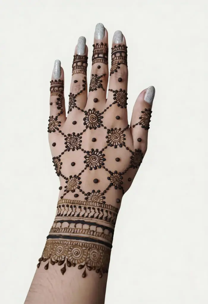 Minimal Net Back Hand Mehndi Design with Floral Dots