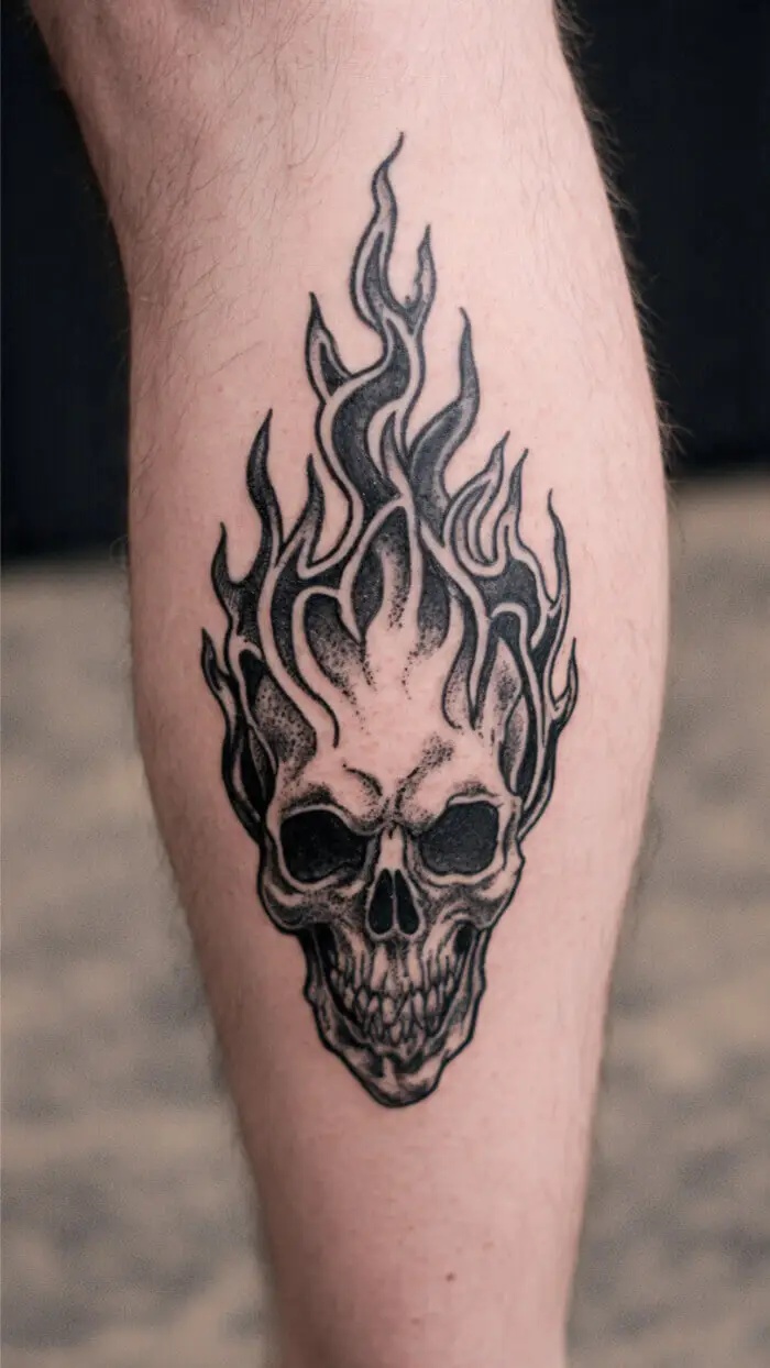 Flaming Skull Tattoo Design – Dark Fire Skull Ink Art