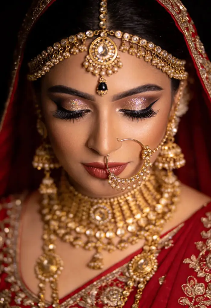 Traditional Indian Shimmer Eyes Bridal Makeup Look with Gold Jewelry 