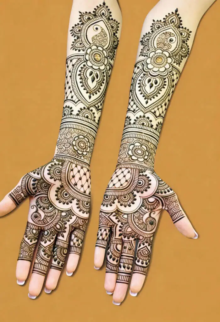 Attractive Full Hand Bridal Mehndi Design with Paisley & Floral Patterns
