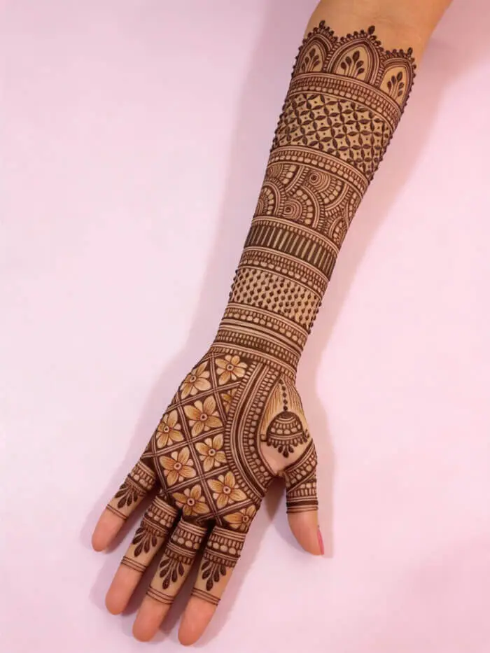 Beautiful Full Hand Arabic Mehndi Design with Jhumka & Geometric Patterns