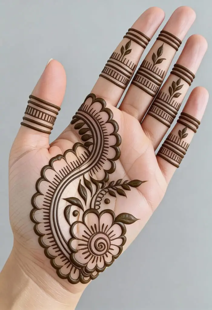 Simple Floral Palm Mehndi Design with Finger Bands