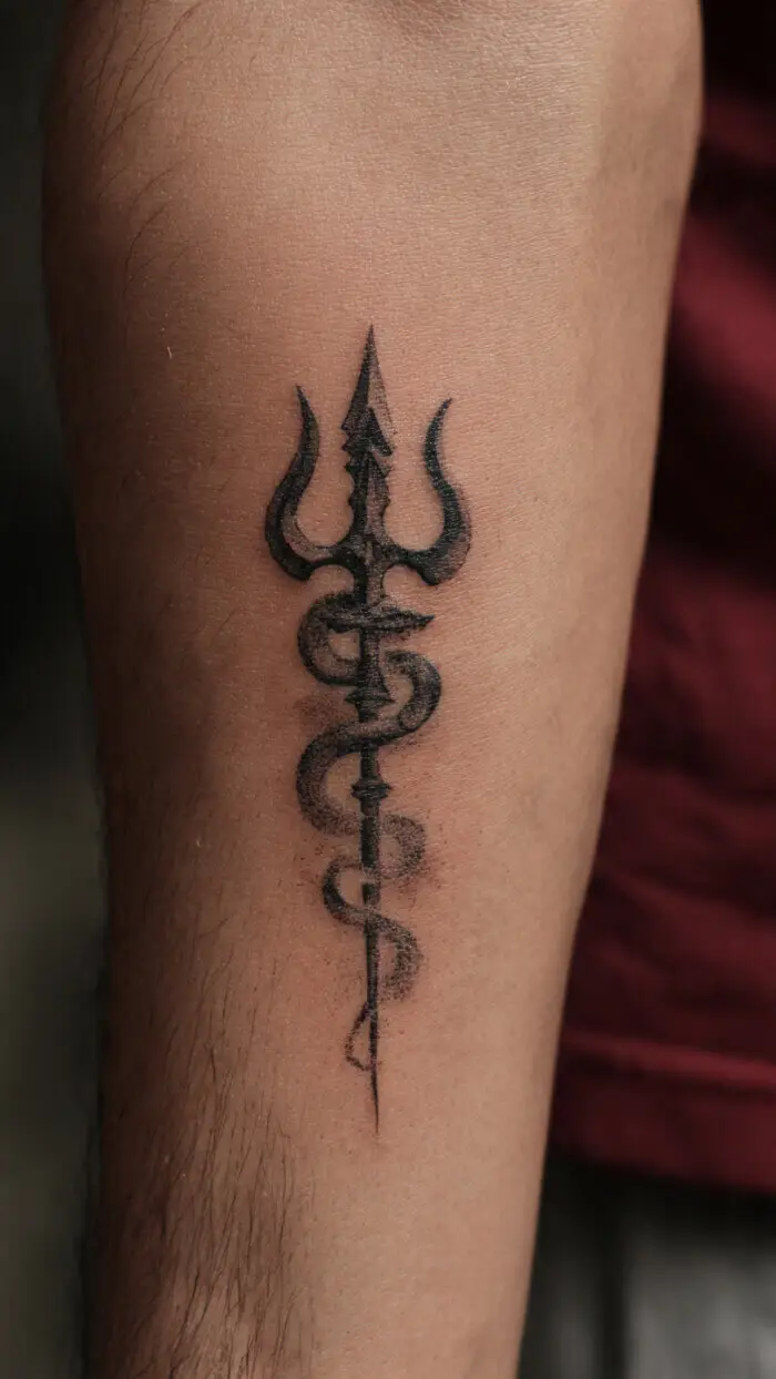 Minimalist Trishul Snake Tattoo on Forearm