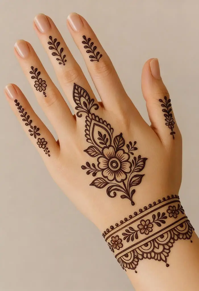 Minimal Floral Back Hand Mehndi Design with Bracelet Pattern