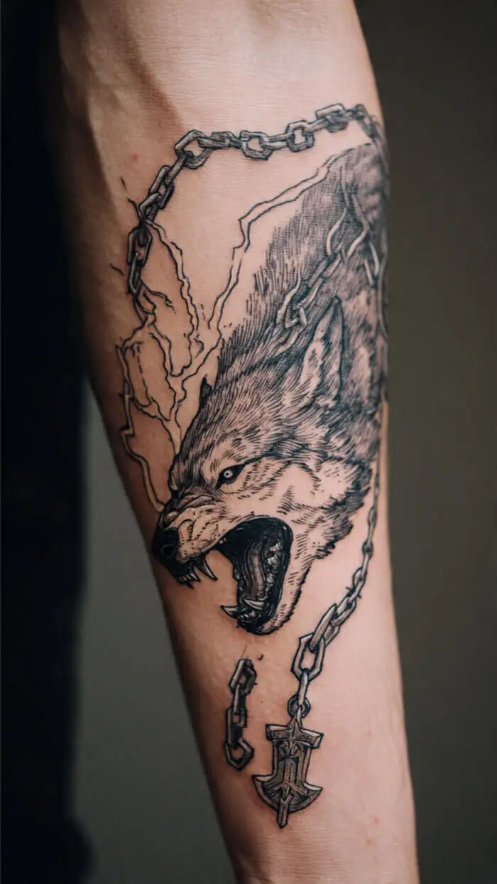 Fierce Chained Wolf Tattoo Design – Symbol of Strength & Freedom