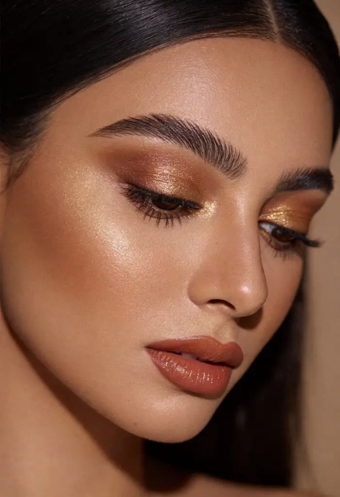 Golden Bronze Smokey Eye Indian Makeup with Glowing Skin & Nude Lips