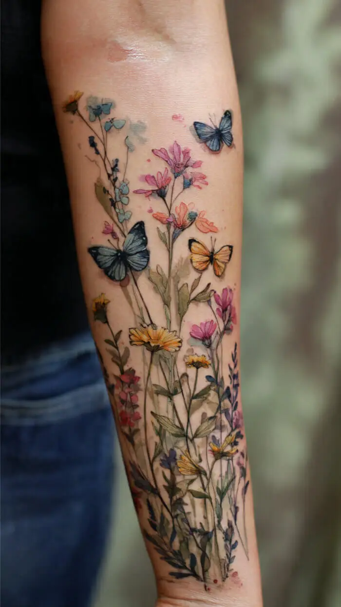 Watercolor Wildflower & Butterfly Tattoo on Forearm – Nature Inspired Floral Tattoo