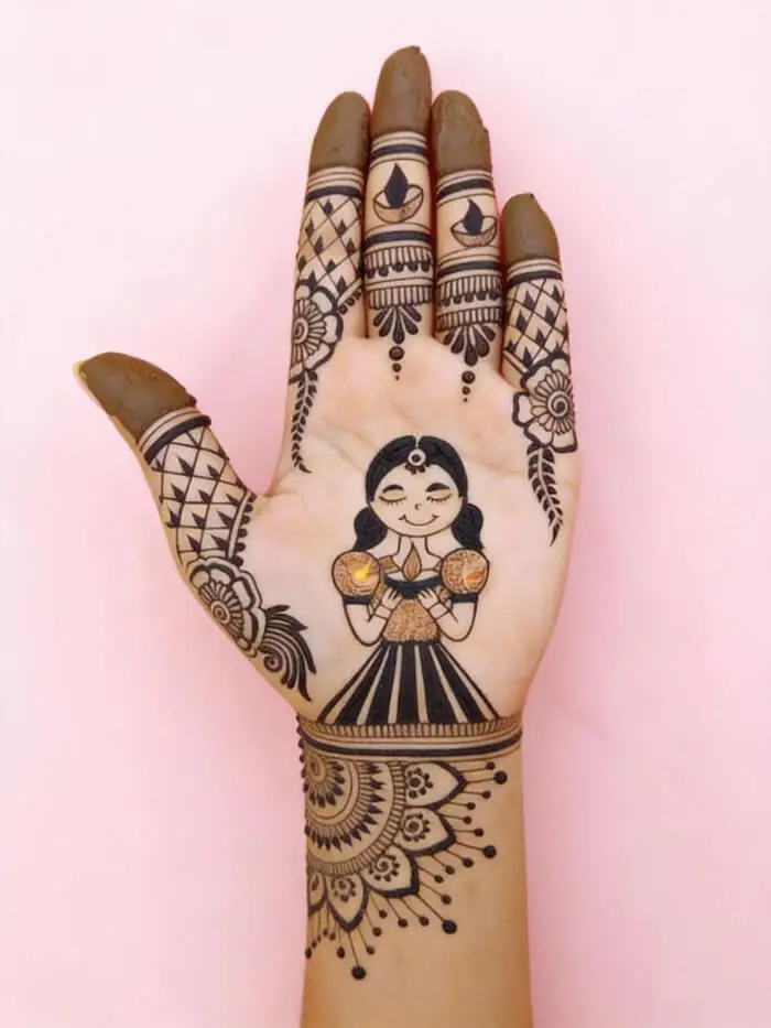 Cute Bridal Portrait Mehndi Design for Palm