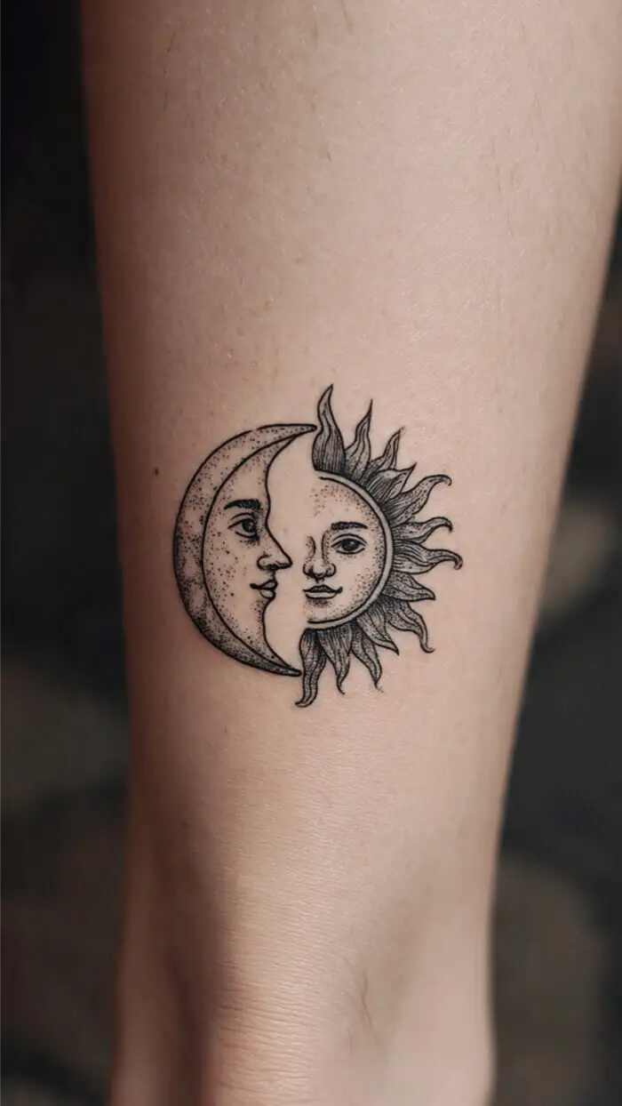 Sun and Moon Minimalist Tattoo – Celestial Balance Fine Line Design