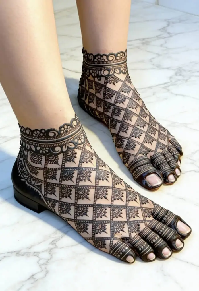 Elegant Geometric Bridal Foot Mehndi Design with Net Pattern