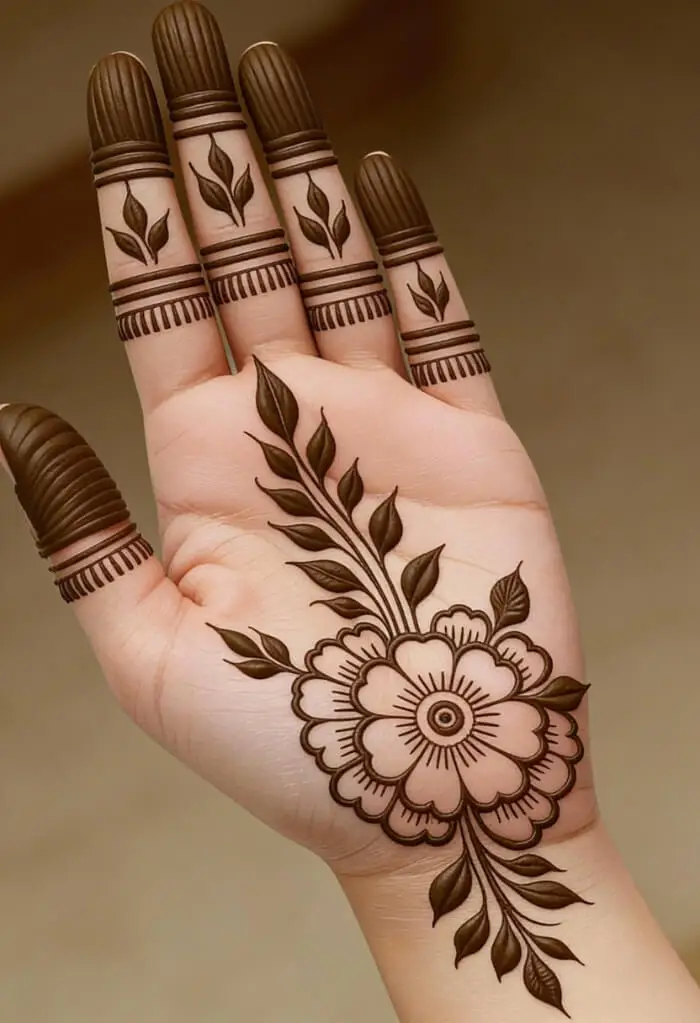 Minimal Floral Palm Mehndi Design with Leafy Finger Patterns