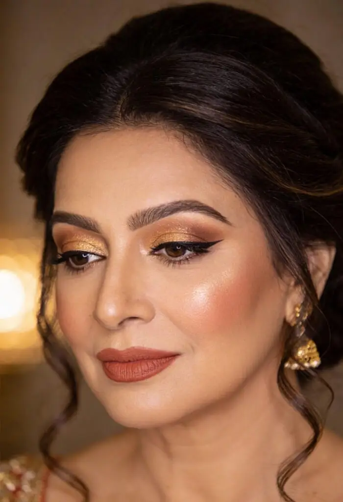 Stunning Golden Glam Indian Makeup Look with Winged Eyeliner & Dewy Skin