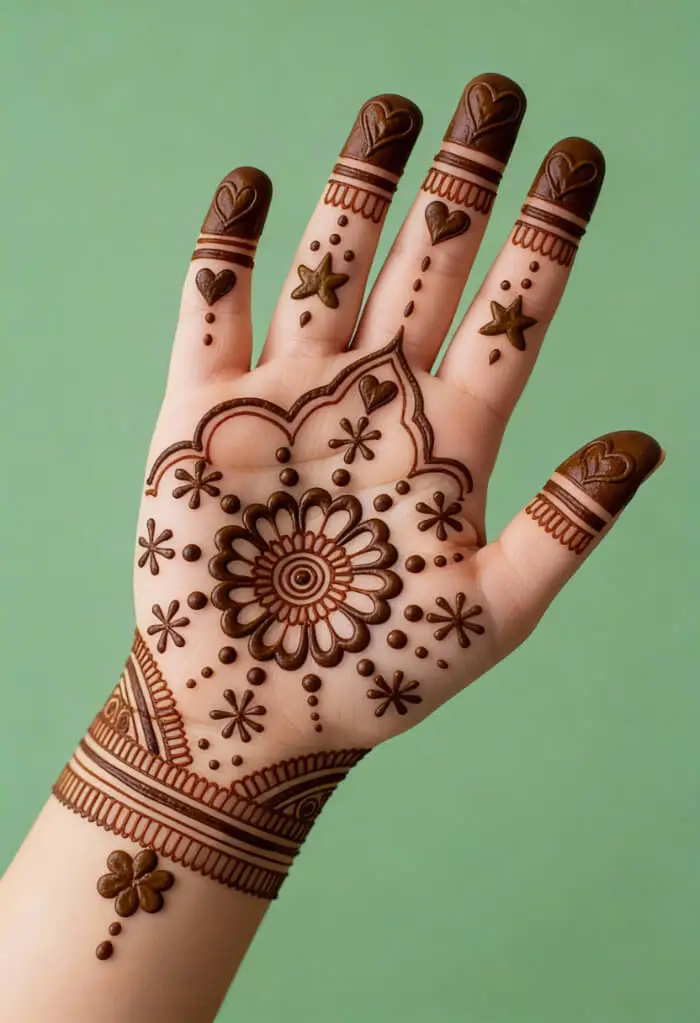 Simple Floral Palm  Arabic Mehndi Design for Kids | Elegant Heart & Dot Pattern