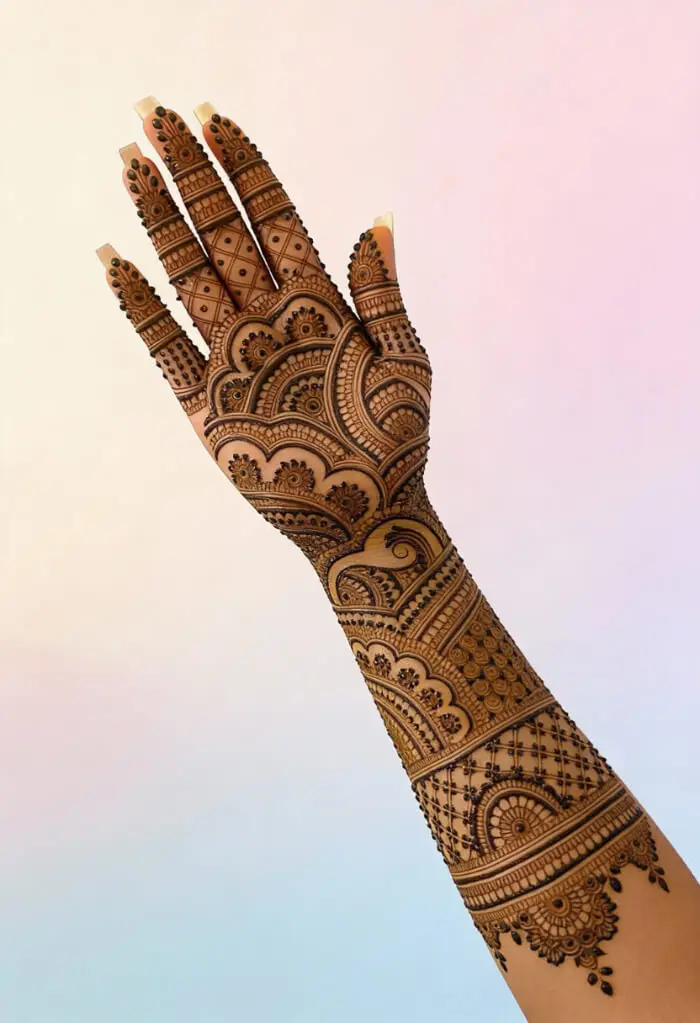 Royal Full Hand Arabic Mehndi Design with Intricate Floral Patterns