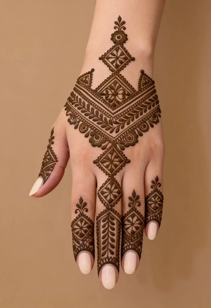 Elegant Geometric Back Hand Mehndi Design with Floral Details