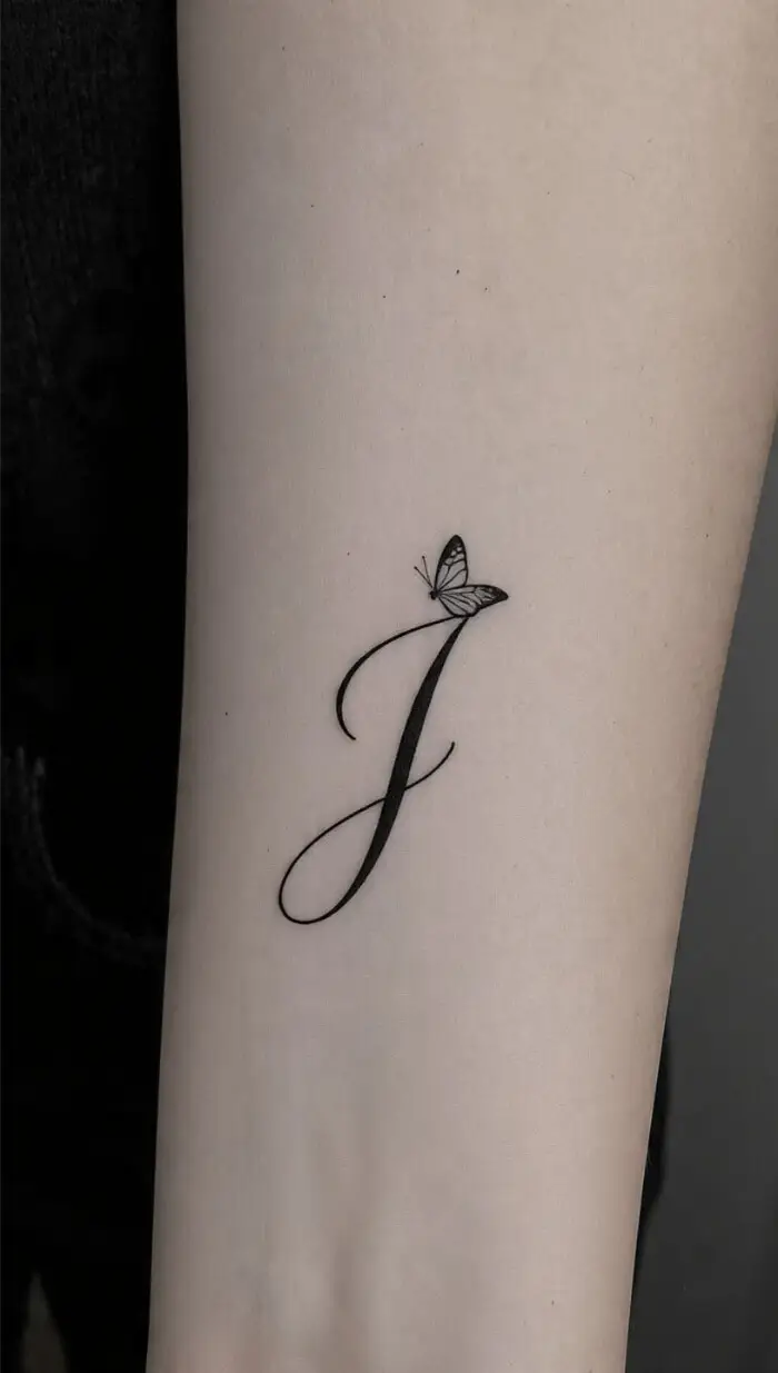 Minimalist Initial J with Cute Butterfly Tattoo Design