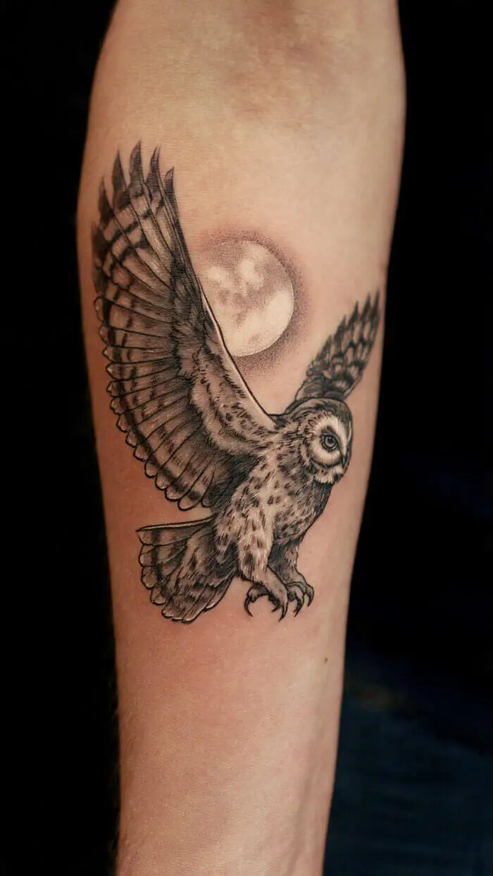 Flying Owl Tattoo with Moon – Realistic Black & Grey Night Owl Design