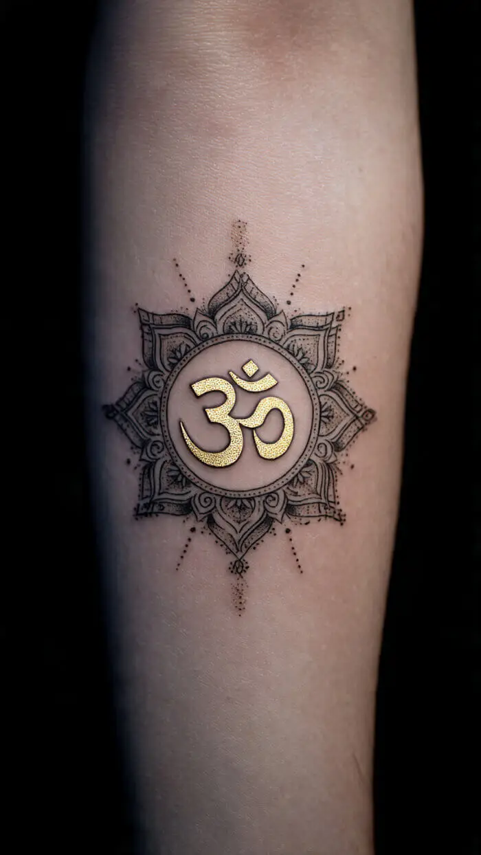 Golden Om Mandala Tattoo – Spiritual Minimalist Forearm Design