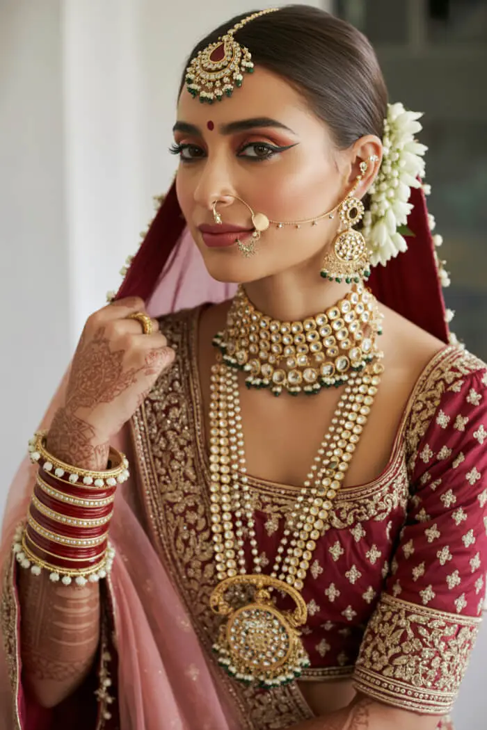 Classic Maroon Bridal Lehenga Makeup Look with Traditional Kundan Jewelry