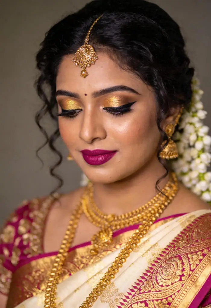 Traditional South Indian Bridal Makeup Look with Gold Jewelry & Silk Saree