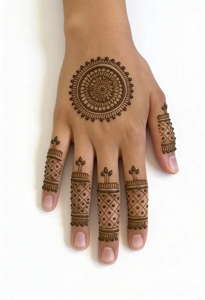 Minimal Mandala Back Hand Mehndi Designs with Grid Work Patterns