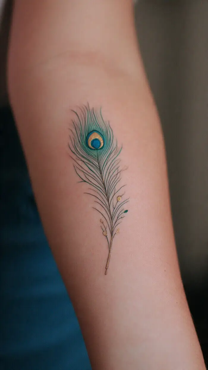 Minimalist Color Peacock Feather Tattoo – Elegant Fine Line Arm Design