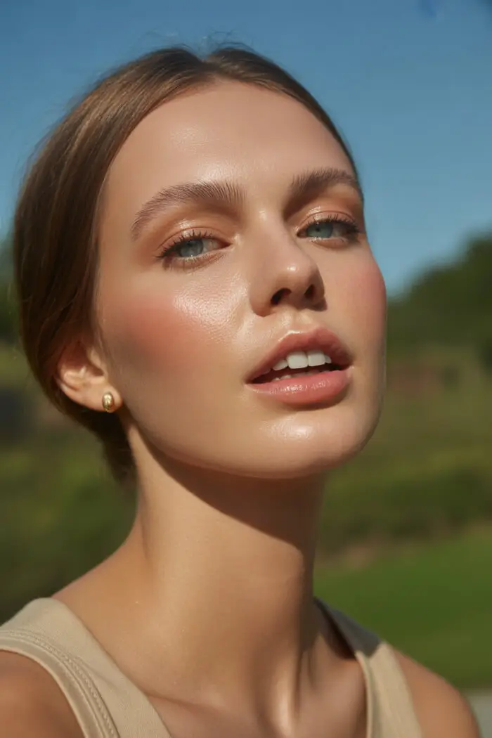 Natural Glowy Makeup Look with Soft Peach Blush & Nude Lips