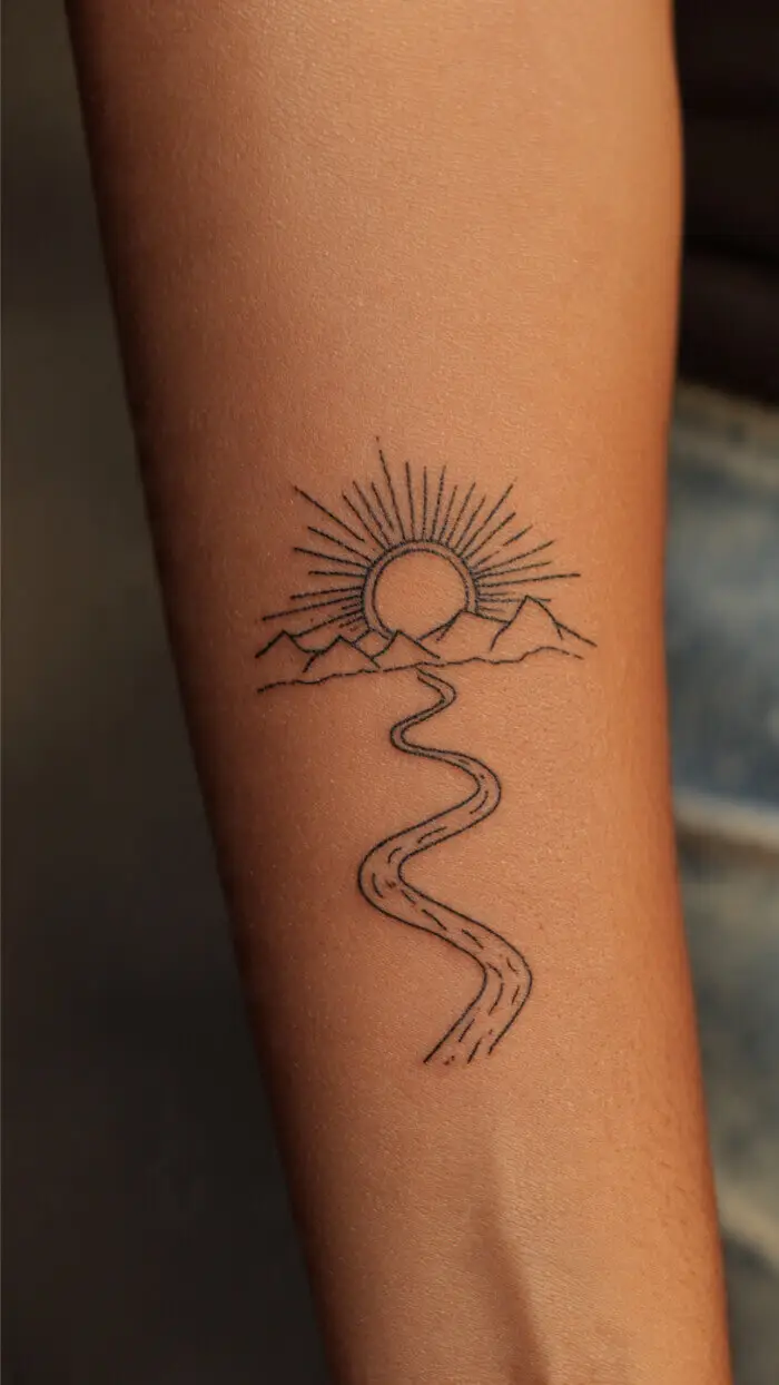 Minimalist Sun and Mountain Path Tattoo Design