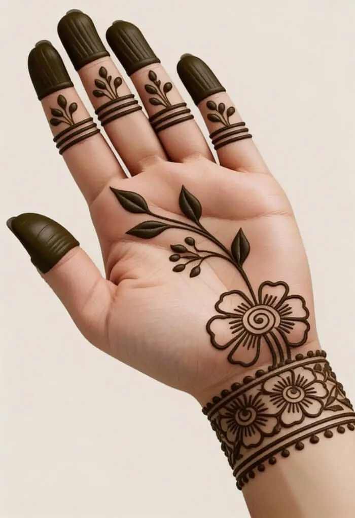 Simple Minimal Floral Palm Mehndi Design with Finger Tips