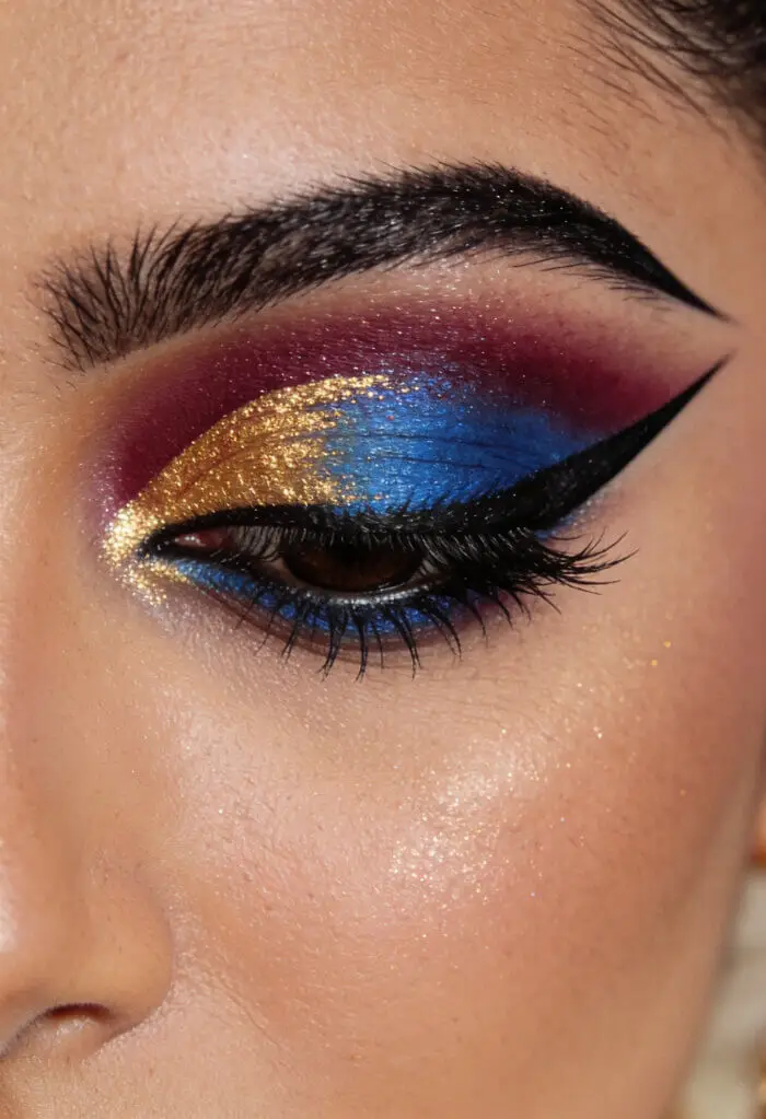 Bold Blue & Gold Cut Crease Eye Makeup with Dramatic Winged Eyeliner