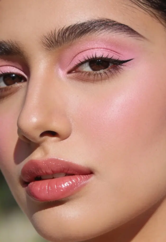 Soft Pink Glam Makeup Look with Glossy Lips & Winged Liner
