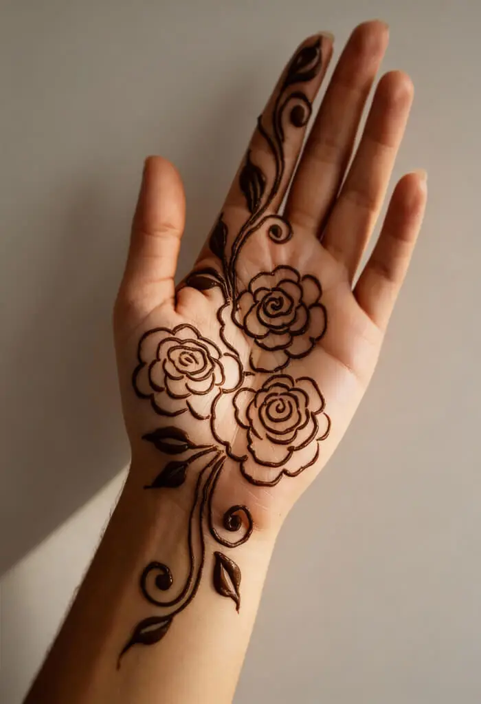 Easy Floral Palm Mehndi Design with Rose Motifs