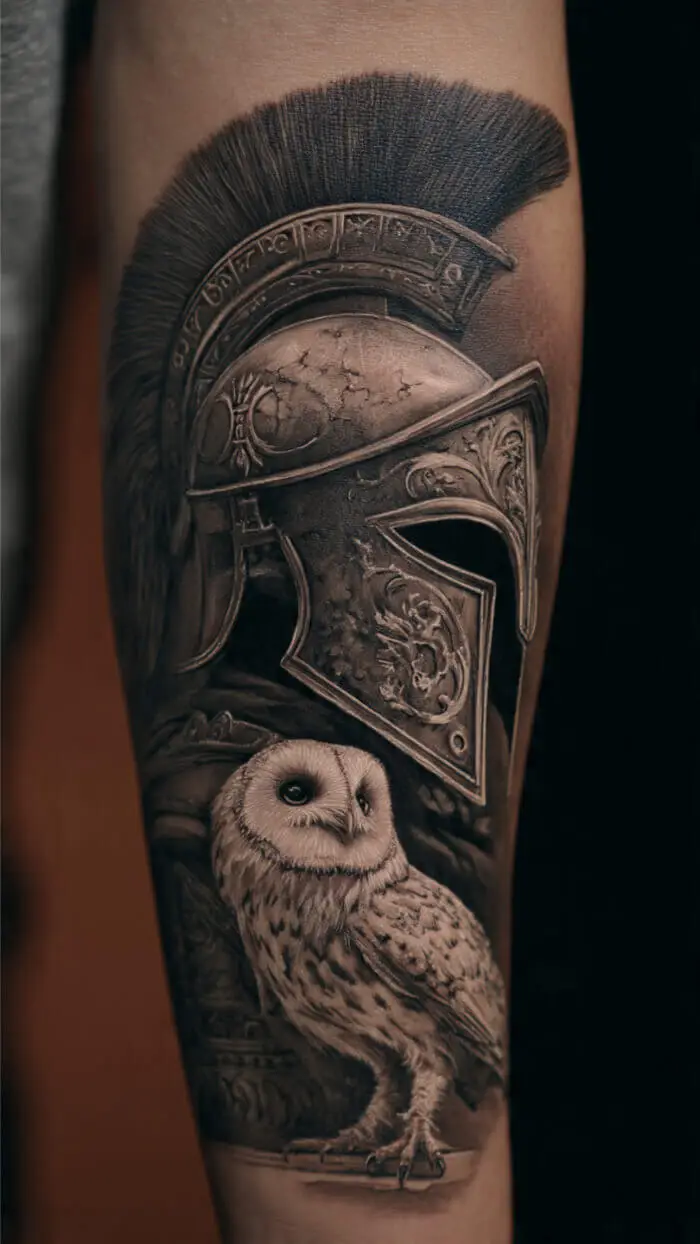 Spartan Helmet & Owl Tattoo – Warrior Wisdom Black and Grey Design
