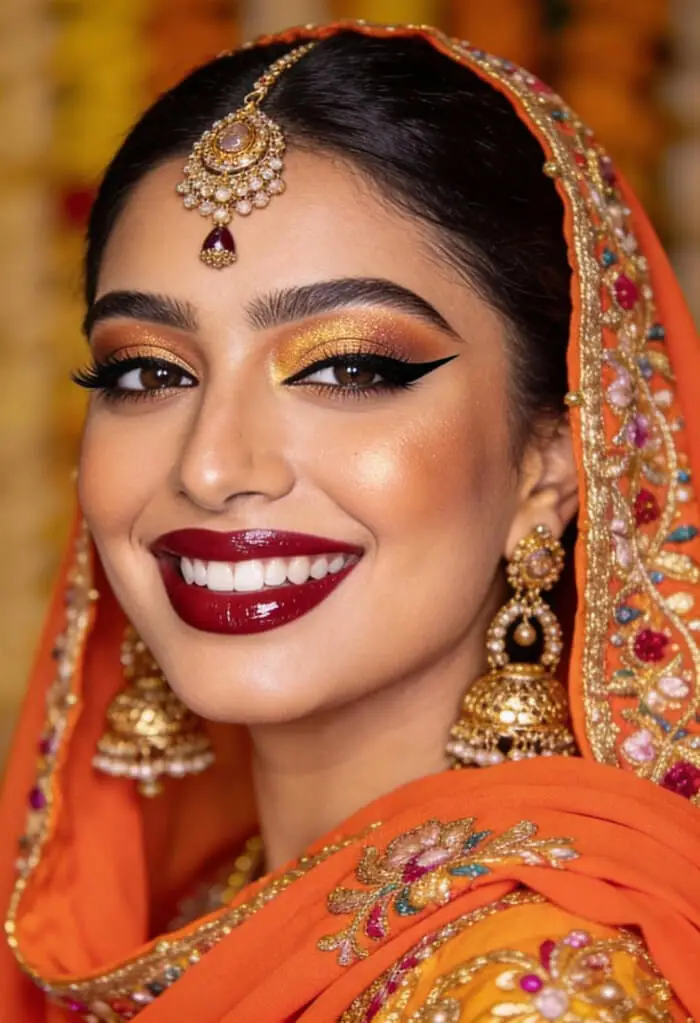 Radiant Orange Bridal Makeup Look with Golden Shimmer Eyes & Bold Red Lips