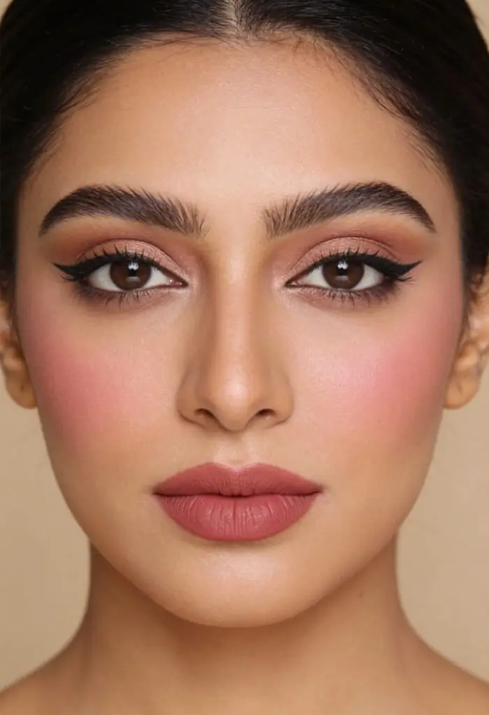 Soft Peach Glam Makeup Look with Winged Eyeliner & Matte Nude Lips