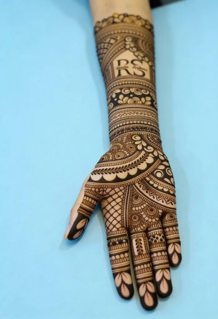 Royal Arabic Bridal Mehndi Design with Initials on Full Hand