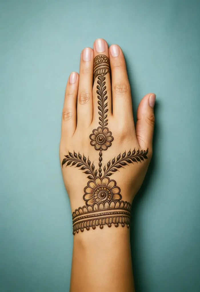 Minimal Floral Back Hand Bracelet Mehndi Design for Elegant Look