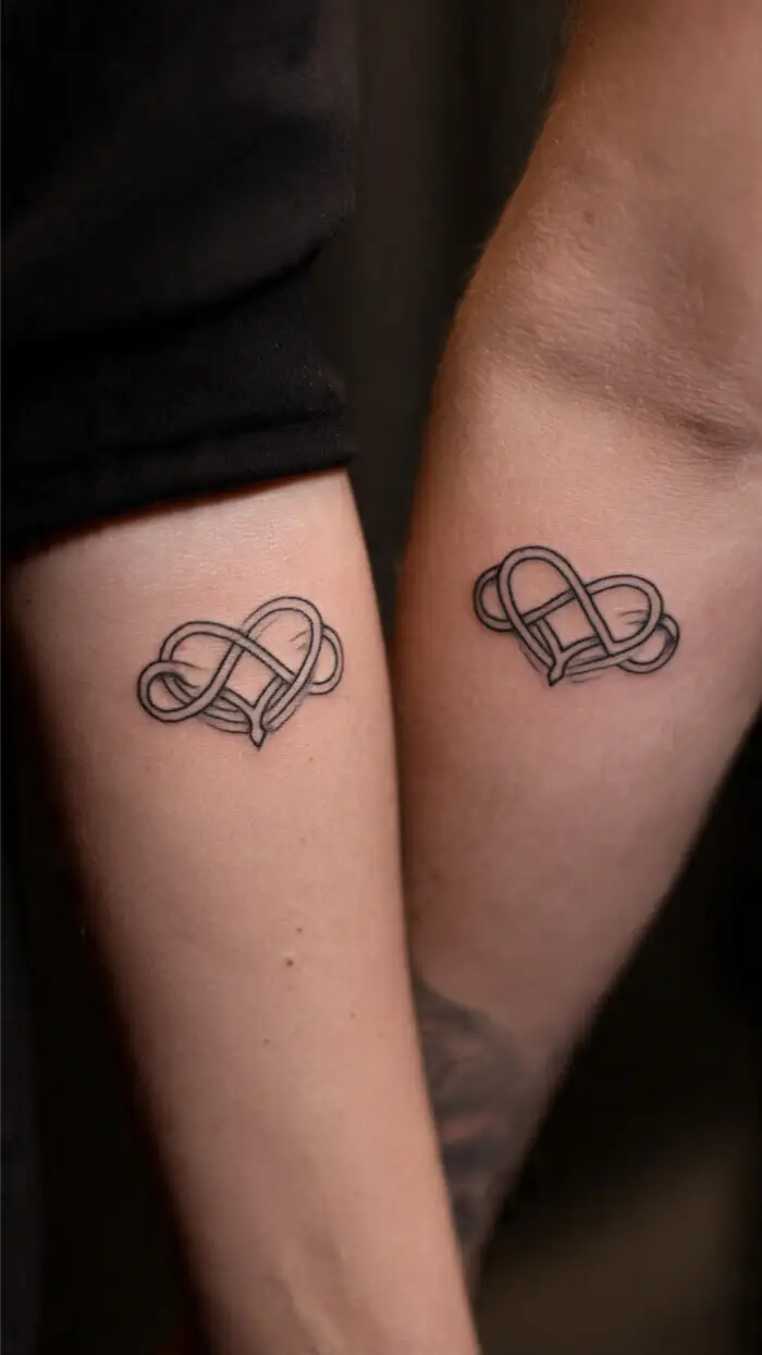 Minimalist Matching Heart Knot Couple Tattoo on Forearm