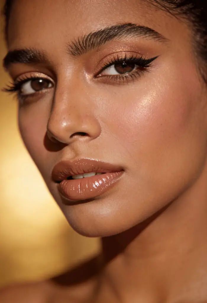 Golden Nude Glam Natural Makeup Look with Winged Eyeliner & Glossy Lips