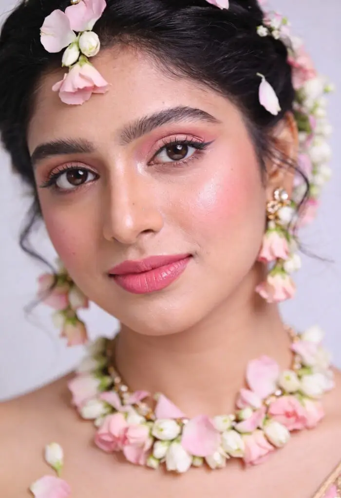 Soft Floral Bridal Makeup Look with Pink Blossoms | Natural Indian Bride Look