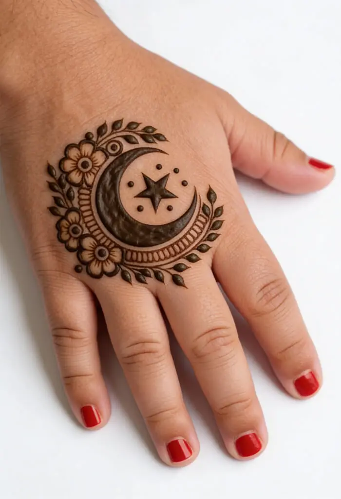 Easy Moon & Star Floral Mehndi Design for Kids