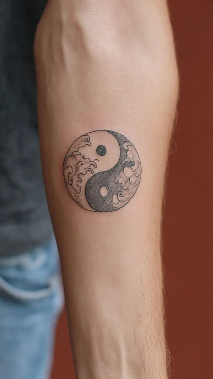 Minimalist Yin Yang Tattoo with Ocean Waves on Forearm