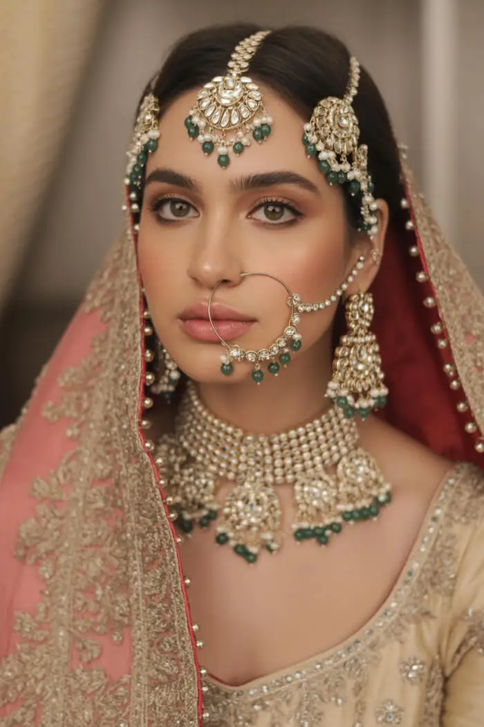 Elegant Indian Bridal Makeup Look with Traditional Gold & Emerald Jewelry