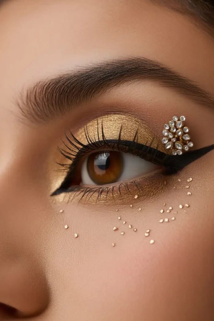 Glamorous Gold Cut Crease Eye Makeup with Bold Winged Eyeliner and Pearl Detail