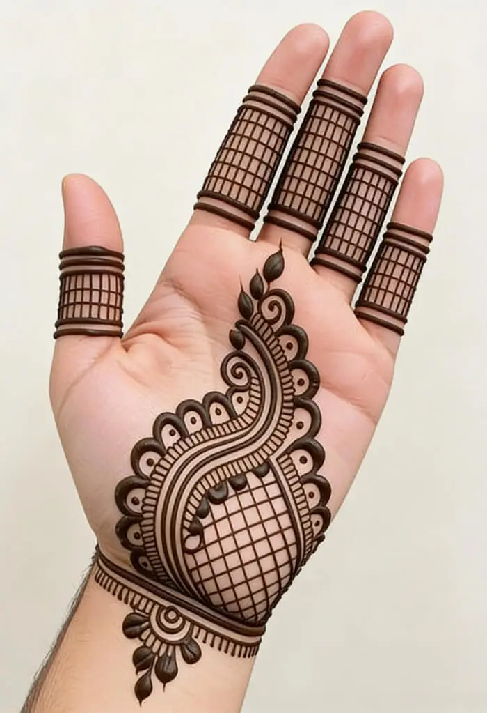 Minimal Paisley Grid Work Palm Mehndi Design with Finger Bands