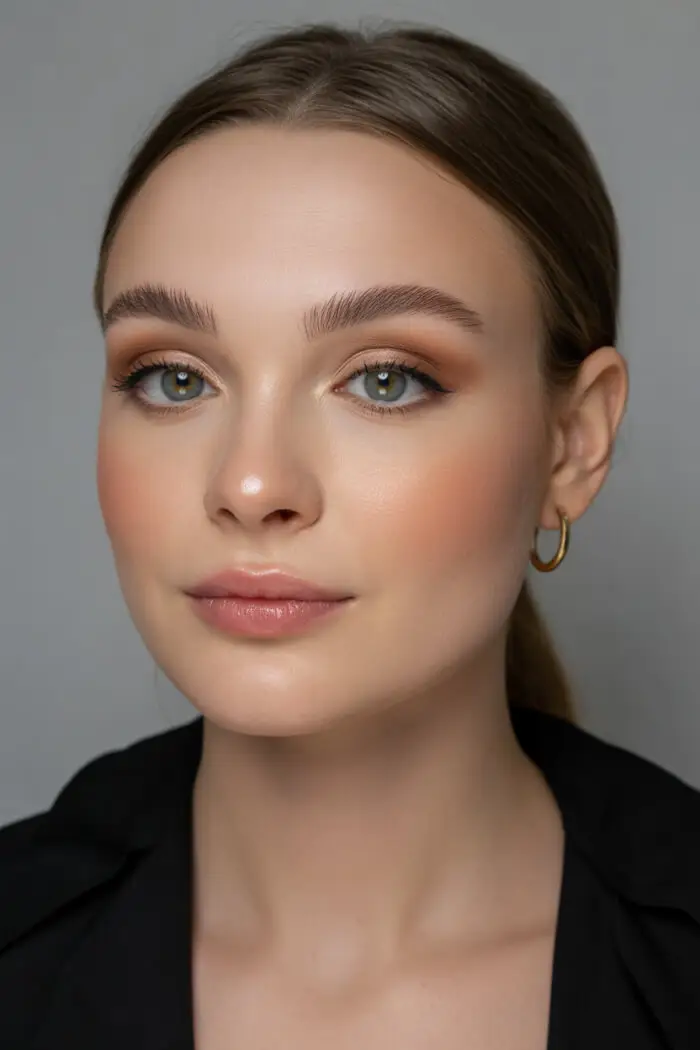 Soft Glam Makeup Look with Peach Blush & Nude Lips