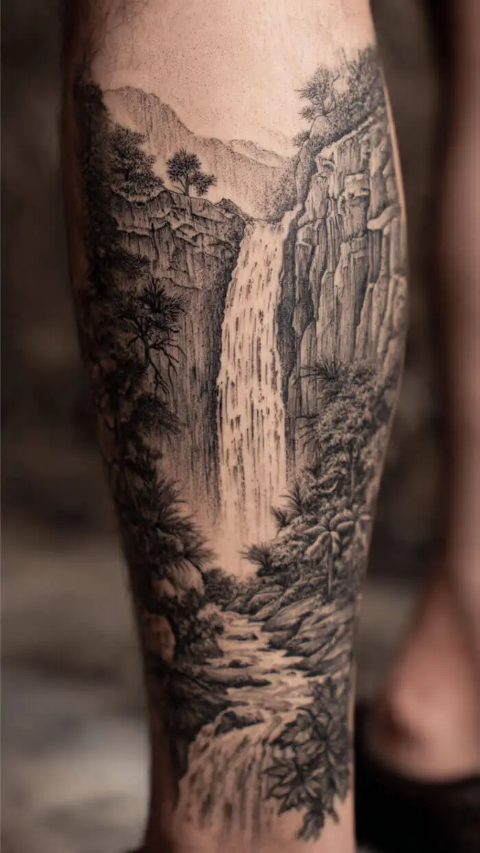 Black & Grey Waterfall Landscape Tattoo on Leg