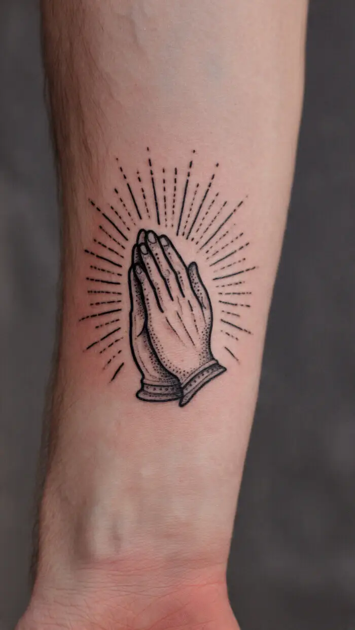 Minimalist Praying Hands Tattoo with Radiant Lines