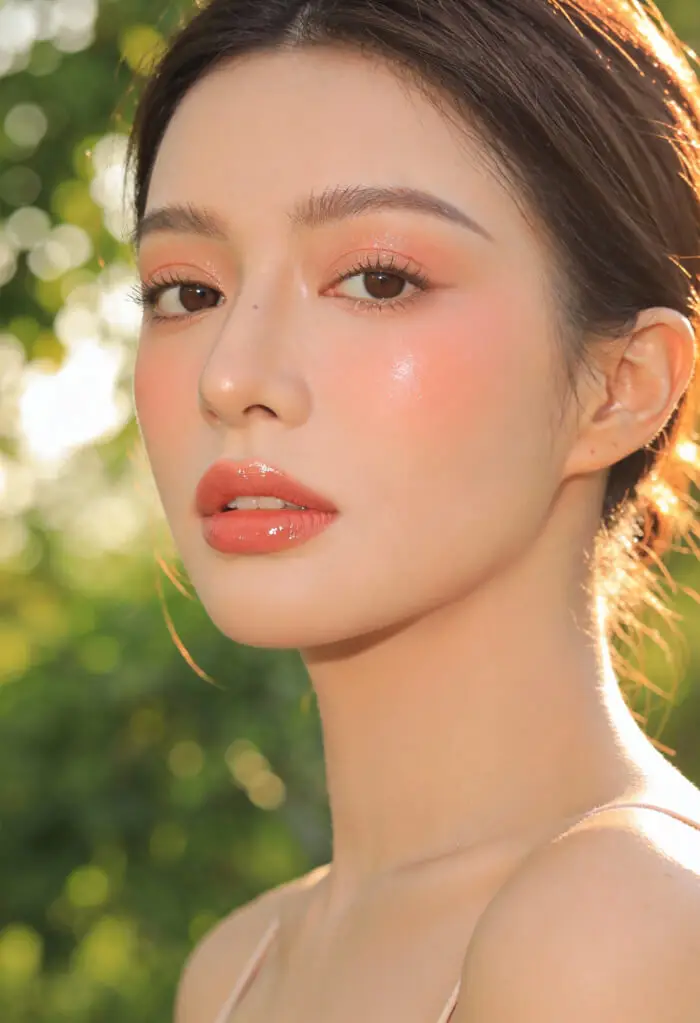 Soft Peach Dewy Makeup Look with Natural Glow