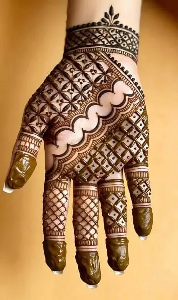 Elegant Geometric Palm Mehndi Design with Modern Net Pattern